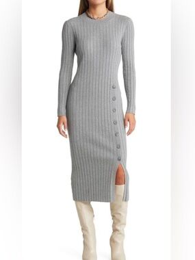 NWT OPEN EDIT Nordstrom Button Sweater Midi Dress Grey
